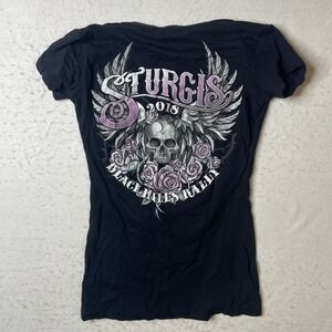 Hot Leathers Sturgis 2018 Skull‎ Roses Winged V Neck T Shirt Womens Medium